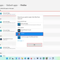Ustawianie domyślnej przeglądarki w Windows 11: wybierz Firefox jako domyślną aplikację do otwierania plików .htm.