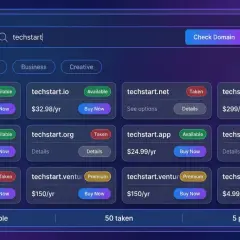 Interfejs wyszukiwania domen z listą dostępnych i zajętych adresów, np. techstart.com.
