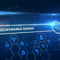 Wyszukiwarka domen: sprawdź, do kogo należy domena i jakie są jej parametry. Ikony symbolizują bezpieczeństwo, technologię i współpracę.