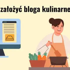 Ilustracja pokazuje, jak założyć blog kulinarny. Kobieta w fartuchu gotuje, a obok monitor z ikonami bloga.
