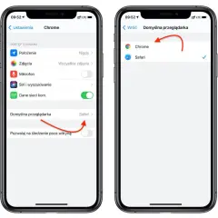 Dwa ekrany iPhone'a pokazujące ustawienia domyślnej przeglądarki, z zaznaczonym Chrome.