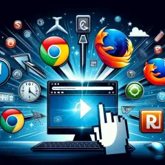 Ikony przeglądarek internetowych, jak zmienić główną przeglądarkę. Komputer z otwartym oknem przeglądarki i kursorem myszy.