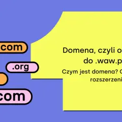 Etykiety z rozszerzeniami domen: .com, .org, .net. Tekst wyjaśnia, co to jest domena internetowa, od .com do .waw.pl.
