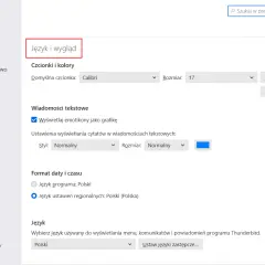 Ustawienia programu Thunderbird: zakładka "Język i wygląd". Wybierz język programu, aby zmienić język w przeglądarce Firefox.