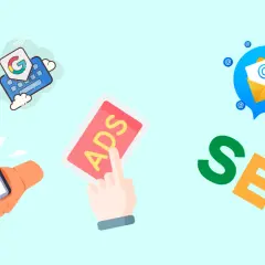 Grafika przedstawia ikony marketingu: social media, Google Ads, e-mail i SEO z rakietą.