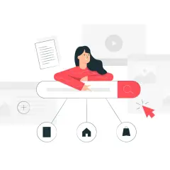 Ilustracja kobiety przy wyszukiwarce, z ikonami dokumentu, domu i koszyka.