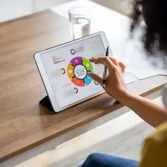 Kobieta pracuje nad planem marketingowym na tablecie, angażując się w **content co creation**.