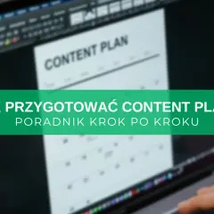 Zbliżenie na ekran laptopa z widocznym dokumentem "CONTENT PLAN" i zielonym paskiem z tekstem.