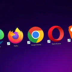 Ikony przeglądarek: Microsoft Edge, Firefox, Google Chrome, Opera, Brave. Jaka najlepsza przeglądarka dla Windows 10?