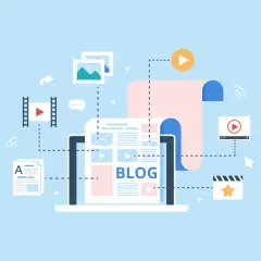 Ilustracja pokazuje, jak wygląda blog: laptop z napisem "BLOG", obok zdjęcia, filmy, ikony komentarzy i artykułów.