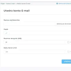 Formularz tworzenia konta e-mail z polami nazwy użytkownika, hasła, rozmiaru skrzynki i limitu wysyłki.