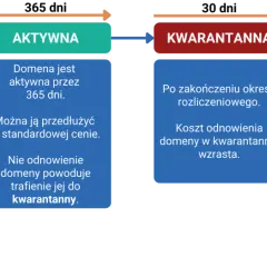 Diagram cyklu życia domeny: rejestracja (1-10 lat), aktywna (365 dni), kwarantanna (po wygaśnięciu, droższa), wolna. Do kiedy domena?