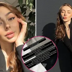 Dwie fotografie młodej kobiety, jedna z bliska, druga w czarnym kombinezonie, z tekstem na okrągłym tle.
