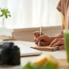 Osoba planuje, jak zarabiać na blogu kulinarnym, notując pomysły przy laptopie, z aparatem i zielonym koktajlem.