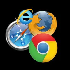 Ikony przeglądarek Internet Explorer, Firefox i Chrome na tle kompasu. Dowiedz się, jak zmienić przeglądarkę w telefonie, by wybrać najlepszą ścieżkę.