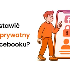 Chcesz wiedzieć, jak ustawić profil prywatny na Facebooku? Ilustracja pokazuje mężczyznę wskazującego na ekran telefonu z ikonami Facebooka, kłódki i użytkownika.