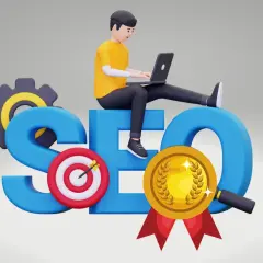 Chłopak na laptopie siedzi na literach SEO. Obok cel, medal i lupa. Jak nazwać domenę, by osiągnąć sukces?