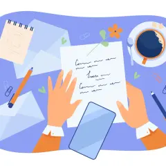 Ręce trzymające notatki, telefon, ołówek i filiżankę kawy. Idealne do nauki, jak pisać blog angielski.