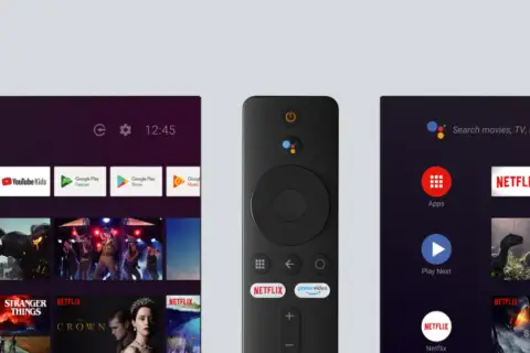 Pilot do Mi Box, jak zainstalować przeglądarkę. Ekran główny z aplikacjami YouTube, Netflix, Prime Video i Google Play.