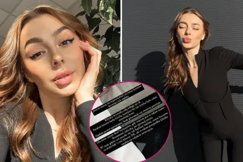 Dwie fotografie młodej kobiety, jedna z bliska, druga w czarnym kombinezonie, z tekstem na okrągłym tle.