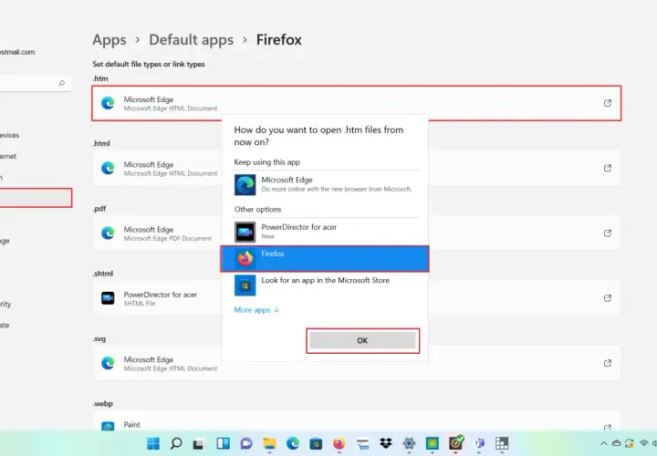 Ustawianie domyślnej przeglądarki w Windows 11: wybierz Firefox jako domyślną aplikację do otwierania plików .htm.