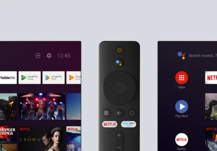 Pilot do Mi Box, jak zainstalować przeglądarkę. Ekran główny z aplikacjami YouTube, Netflix, Prime Video i Google Play.