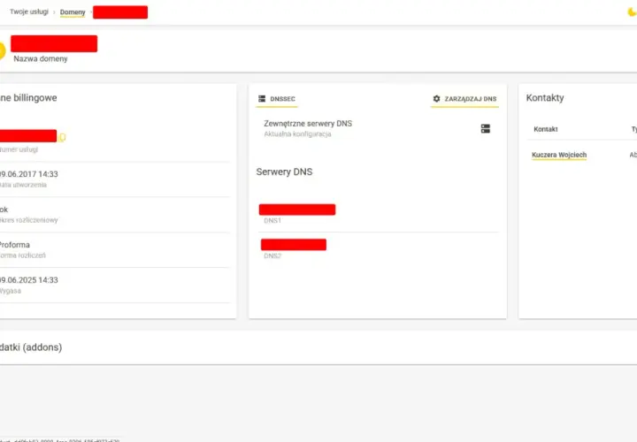 Panel administracyjny domeny. Widok szczegółów domeny, dane billingowe, serwery DNS i kontakty. To jest co to jest delegacja domeny.