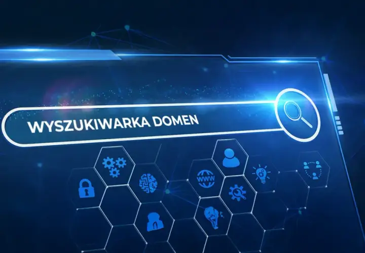 Wyszukiwarka domen: sprawdź, do kogo należy domena i jakie są jej parametry. Ikony symbolizują bezpieczeństwo, technologię i współpracę.