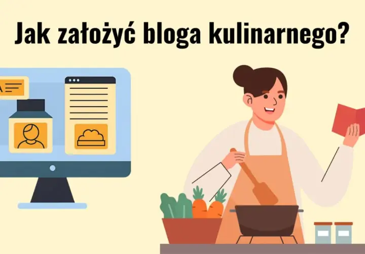 Ilustracja pokazuje, jak założyć blog kulinarny. Kobieta w fartuchu gotuje, a obok monitor z ikonami bloga.