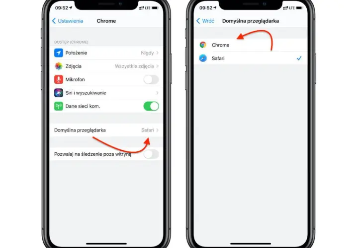 Dwa ekrany iPhone'a pokazujące ustawienia domyślnej przeglądarki, z zaznaczonym Chrome.