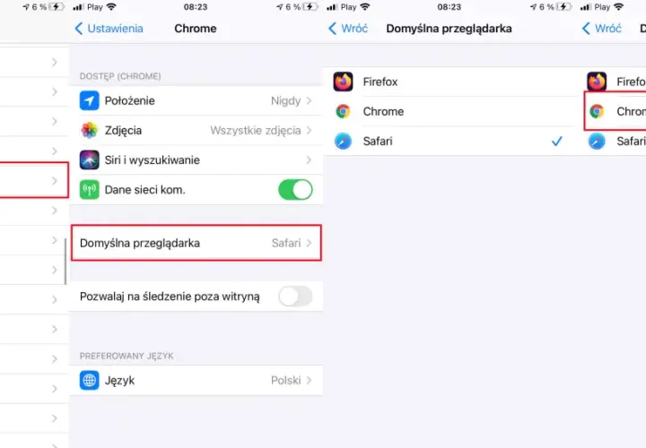 Ustawienia domyślnej przeglądarki. Wybierz Chrome, aby zmienić przeglądarkę na Google.