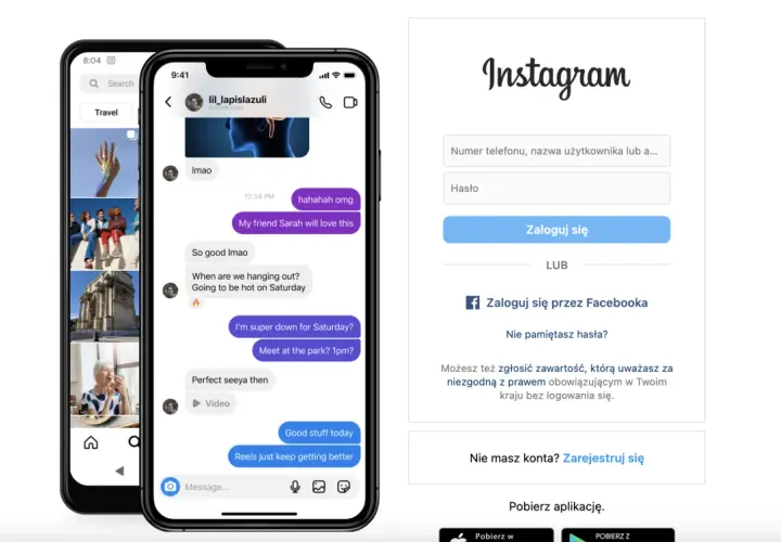 Ekran logowania Instagram. Widzisz okno, gdzie możesz wpisać dane do logowania, a poniżej opcję "Nie pamiętasz hasła?", która pomoże Ci jak zmienić hasło na Instagram.
