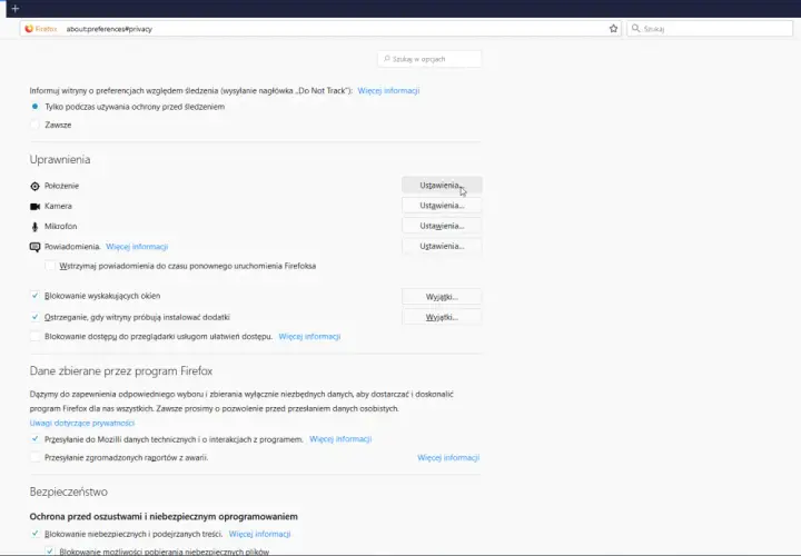 Ustawienia przeglądarki Firefox: jak włączyć sprawdzanie lokalizacji. Kliknij "Ustawienia" przy "Położenie", aby zarządzać uprawnieniami.