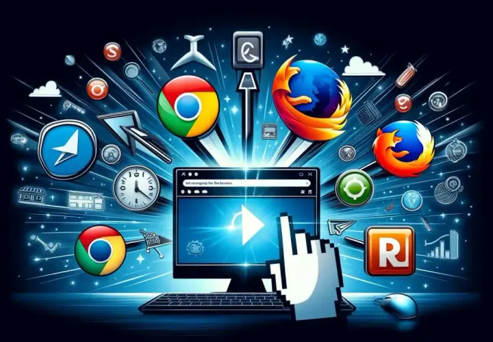 Ikony przeglądarek internetowych, jak zmienić główną przeglądarkę. Komputer z otwartym oknem przeglądarki i kursorem myszy.