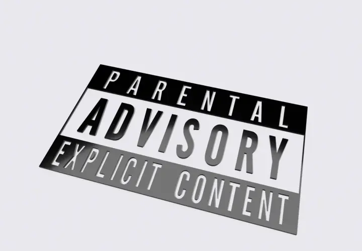 Naklejka "Parental Advisory Explicit Content" ostrzega przed treściami nieodpowiednimi dla dzieci. To znak, że zawartość jest "awesome" i może zawierać mocne słownictwo.