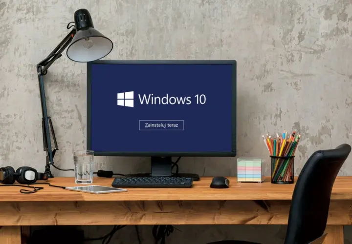 Biurko z komputerem wyświetlającym logo Windows 10 i przycisk "Zainstaluj teraz". Obok słuchawki, tablet, szkło z wodą, myszka, kredki i notatki.