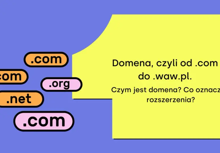 Etykiety z rozszerzeniami domen: .com, .org, .net. Tekst wyjaśnia, co to jest domena internetowa, od .com do .waw.pl.