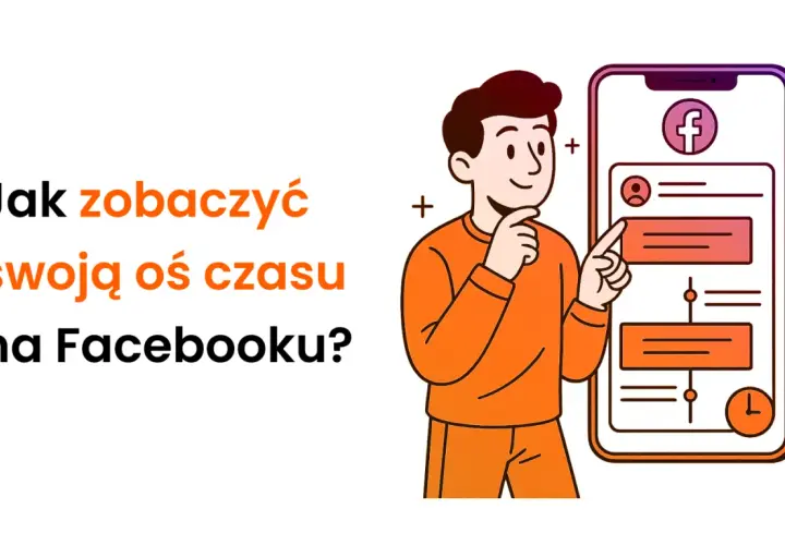 Ilustracja pokazuje, jak zobaczyć swoją oś czasu na Facebooku. Mężczyzna zamyślony wskazuje na ekran telefonu z ikoną Facebooka.