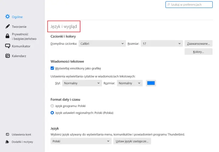 Ustawienia programu Thunderbird: zakładka "Język i wygląd". Wybierz język programu, aby zmienić język w przeglądarce Firefox.