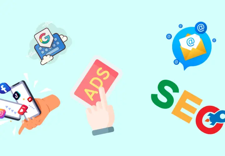 Grafika przedstawia ikony marketingu: social media, Google Ads, e-mail i SEO z rakietą.