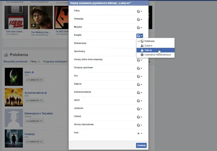 Jak wyłączyć like na Facebooku? Kliknij "Tylko ja" przy zainteresowaniach, aby ukryć polubienia.