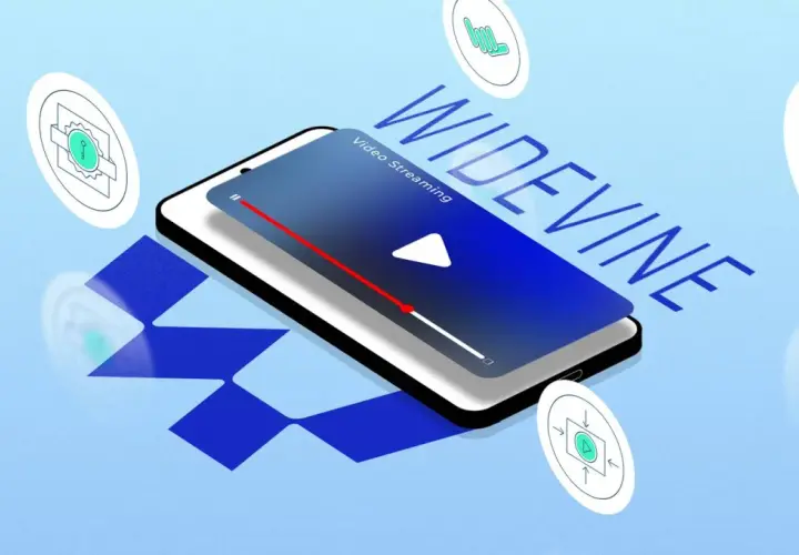 Smartfon z napisem WIDEVINE i ikonami symbolizującymi bezpieczeństwo. Widevine content decryption module to klucz do bezpiecznego streamingu.