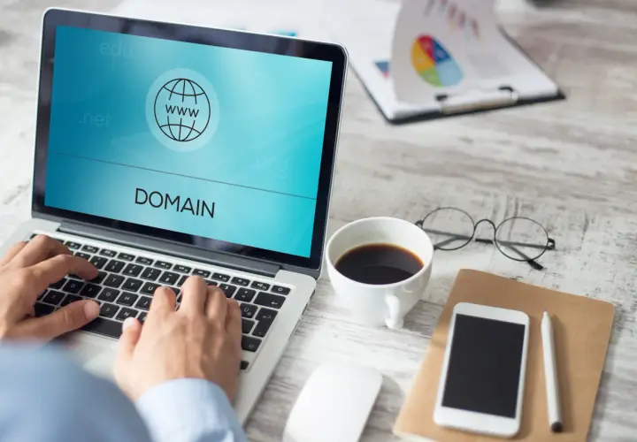Osoba pisząca na laptopie z ikoną domeny i tekstem "DOMAIN" na ekranie.