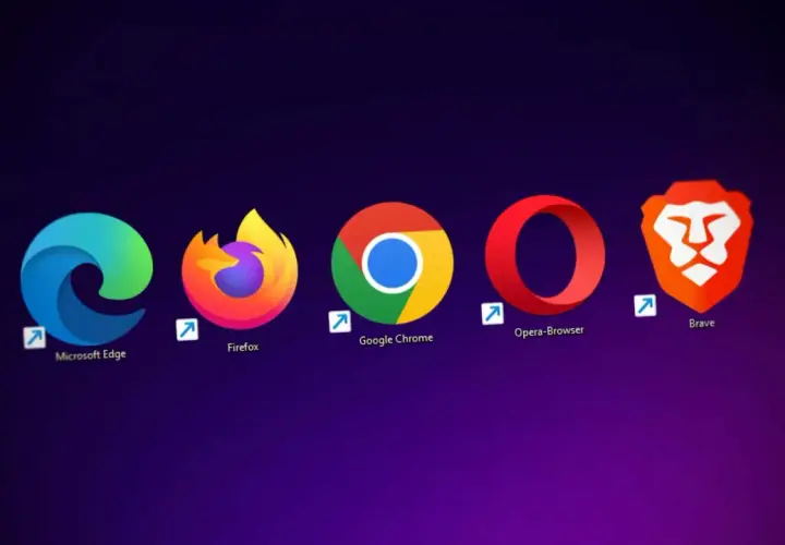 Ikony przeglądarek: Microsoft Edge, Firefox, Google Chrome, Opera, Brave. Jaka najlepsza przeglądarka dla Windows 10?