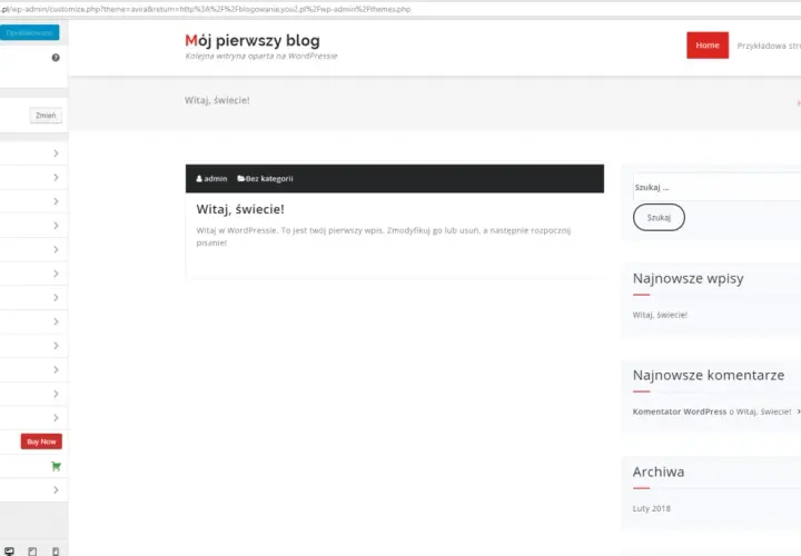 Panel administracyjny WordPress z menu po lewej i podglądem strony głównej bloga po prawej.