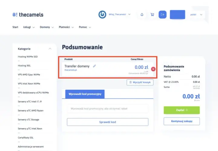 Podsumowanie zamówienia: Transfer domeny thecamels.pl za 0.00 zł. Czas realizacji transferu domeny jest zazwyczaj krótki.