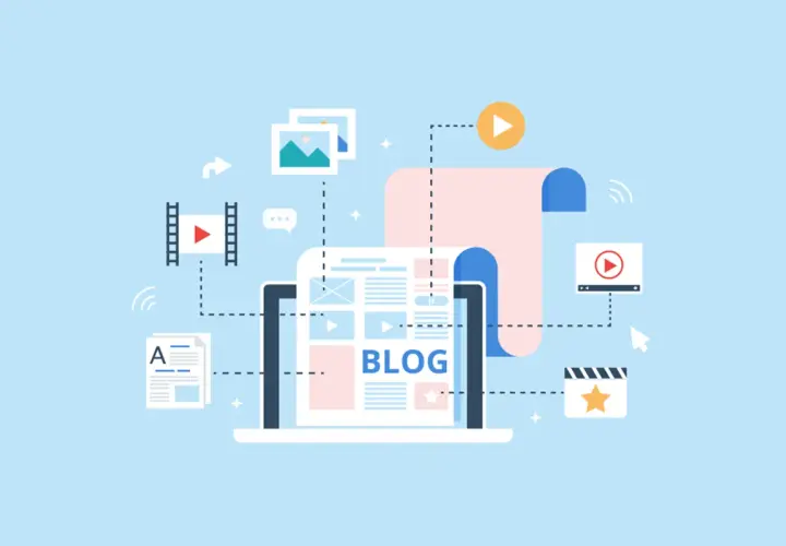 Ilustracja pokazuje, jak wygląda blog: laptop z napisem "BLOG", obok zdjęcia, filmy, ikony komentarzy i artykułów.