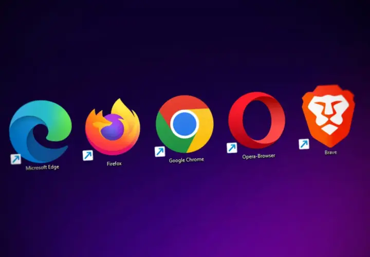 Ikony przeglądarek: Microsoft Edge, Firefox, Google Chrome, Opera, Brave. Do czego służy przeglądarka internetowa? Do surfowania po sieci!