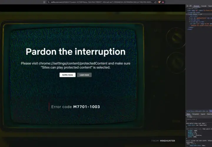 Błąd M7701-1003 na Netflixie. Aby rozwiązać problem, jak zaktualizować Widevine Content Decryption Module, odwiedź chrome://settings/content/protectedContent.