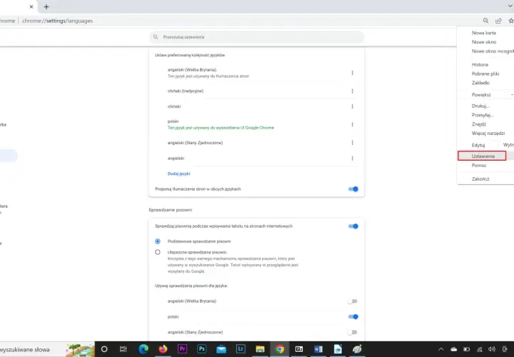 Ustawienia języków w Chrome. Kliknij "Języki", aby dowiedzieć się, jak zmienić język w przeglądarce Chrome.